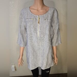 Ellen Tracy Womens Linen Shirt Large Utility 3/4 Sleeve